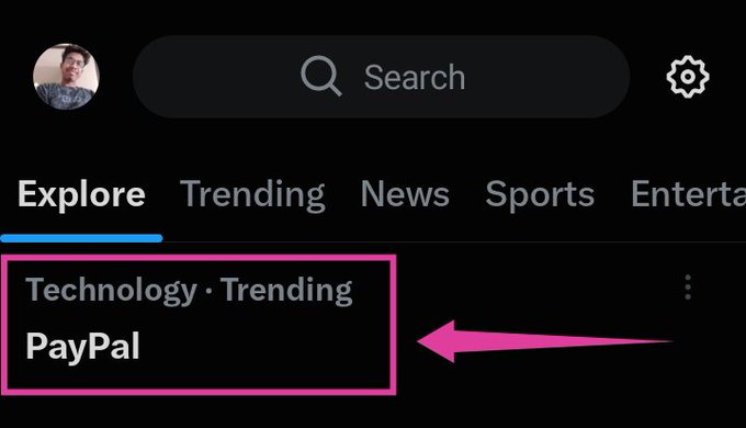 A screenshot of X (formerly Twitter) showing the "Explore" tab with "PayPal" trending under Technology · Trending, highlighting PayPal's trending status in India following its official addition of $PI to its supported crypto list.
