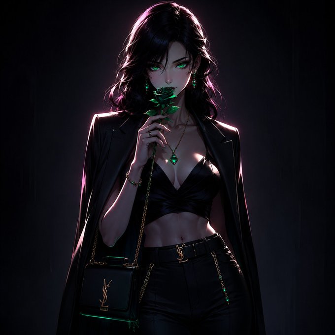 A woman with glowing green eyes holds a black rose, dressed in dark attire and accessories featuring "YSL" branding, embodying the sleek, mysterious aesthetic associated with luxury and crypto fashion.

The image's dark, sophisticated styling and the prominent YSL (Yves Saint Laurent) branding on the handbag and belt buckle reflect the "Sunday appreciation" theme of looking beyond surface trends to recognize the foundational infrastructure supporting Web3 culture.