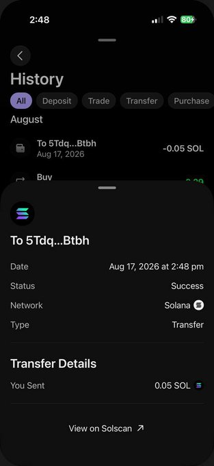 A Solana wallet transaction history shows a successful transfer of 0.05 SOL sent on August 17, 2026, with a value of -0.05 SOL displayed. The crypto transaction details subtly tie into the "Enjoy your cake" caption, perhaps suggesting a small celebratory send.