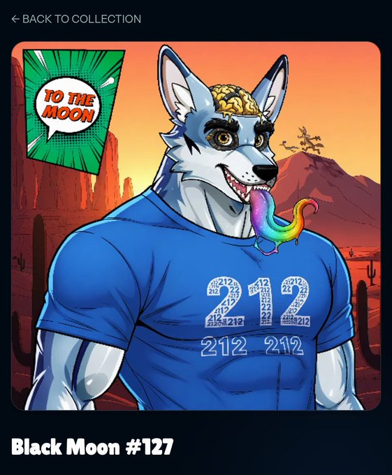 A digital collectible card titled 'Black Moon #127' featuring a cartoon wolf with a rainbow tongue wearing a blue '212' shirt and a speech bubble reading 'TO THE MOON'.
