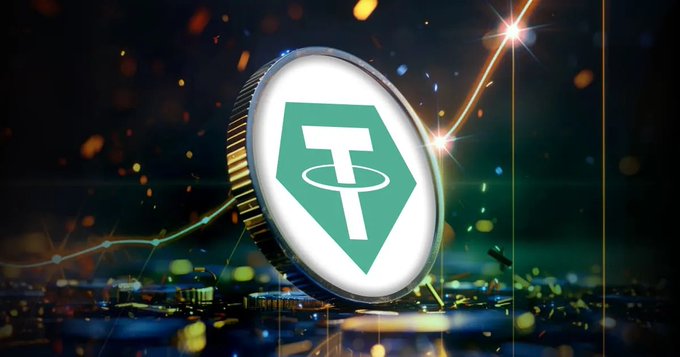The image features a coin with a green and white logo that reads "Tether" and "Tether Signed an MoU with Dubai's DMCC to push blockchain education, tokenization, and digital asset innovation in the region." The coin is placed on top of a city skyline, which suggests it might be related to the cryptocurrency industry or financial technology.