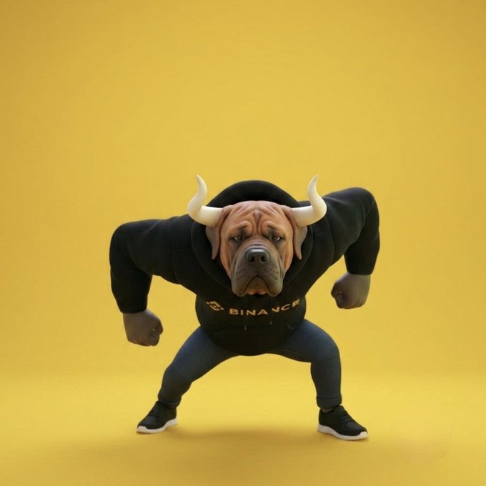 A muscular, anthropomorphic Shar-Pei bull wearing a black "BINANCE" shirt and blue jeans stands in a powerful, wide stance against a yellow background, symbolizing strength and dominance. The image visually reinforces the post's message of an unstoppable "alpha" takeover, tying into the Binance-themed branding of $TOSA on the BNB chain.