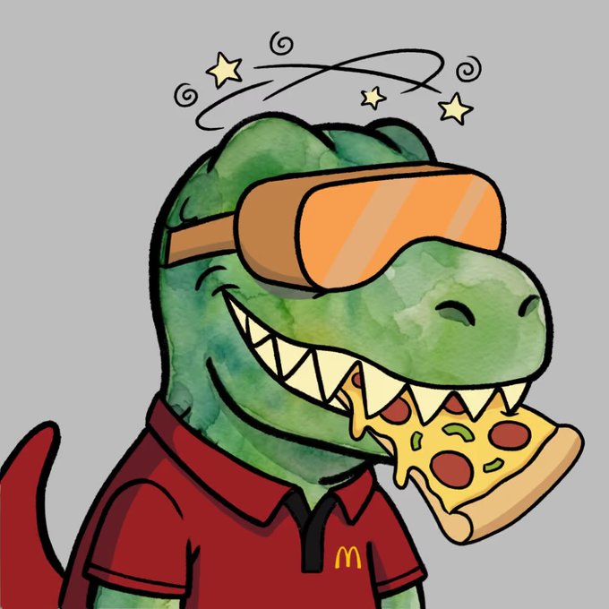 A cartoon illustration of a dizzy green dinosaur wearing a McDonald's uniform and VR headset while eating a slice of pizza.