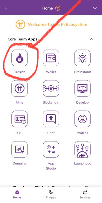 A screenshot of the Pi Network app home screen shows a red circle highlighting the "Fireside" app icon among the Core Team Apps.