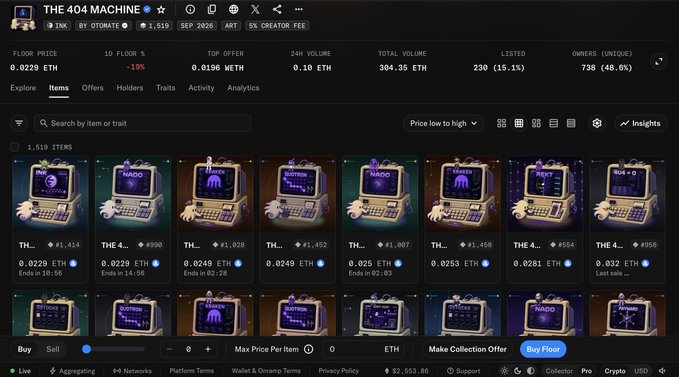 A screenshot of a digital marketplace showing NFT listings for 'THE 404 MACHINE' collection, with items priced in ETH and floor price at 0.0229 ETH.