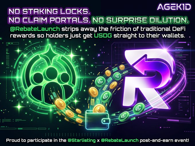 Neon promotional graphic for Agekid and @RebateLaunch, with text “NO STAKING LOCKS. NO CLAIM PORTALS. NO SURPRISE DILUTION,” a large stylized logo, and stylized coins and wallet imagery.