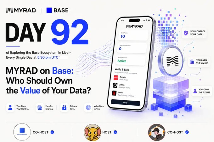 Promotional flyer for 'MYRAD on Base' — Day 92 of exploring the Base Ecosystem live at 5:30 pm UTC, asking 'Who Should Own the Value of Your Data?'
