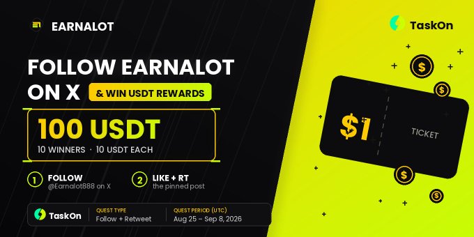 A promotional banner for Earnalot's TaskOn campaign offering 10 winners 10 USDT each (100 USDT total) for following @Earnalot888 on X and liking/retweeting a pinned post, running from August 25 to September 8, 2026. The design features black and yellow branding with a ticket graphic and a link to join at taskon.xyz/quest/939266522.