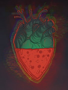 A stylized digital illustration of an anatomical heart is split horizontally—the top half is teal showing vessels and chambers, while the bottom half is red and textured like cellular tissue—set against a dark background with glitchy red and green chromatic aberration effects, fitting the "Health and Mana" theme referenced in the accompanying auction post.