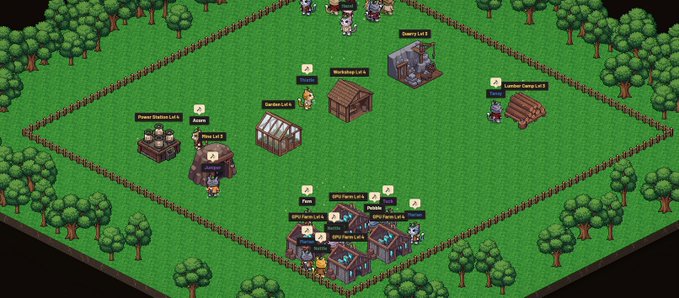 An isometric pixel-art farming/crafting simulation game showing various production buildings including Power Station, Arsenal, Workstation, Garden, Quarry, and London Camp, with crafting stations like Forge, Whetstone Furnace, QFG Pyrite Mill, and Weapons Workbench.