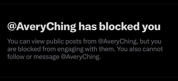 Twitter/X notification screen displaying '@AveryChing has blocked you' with a message explaining the user can view public posts but cannot engage, follow, or message them.