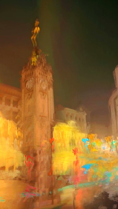 A digitally painted night scene depicting a tall clock tower with a statue on top, rendered with impressionistic, colorful brushstrokes against a dark sky.