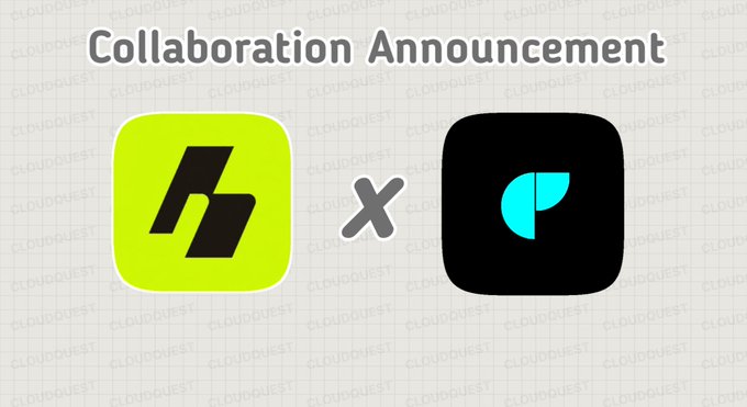An announcement graphic titled 'Collaboration Announcement' with 'CLOUDQUEST' watermarks in the background, showing a yellow-green logo with an 'h' symbol next to an 'x' and a black logo with a teal symbol.
