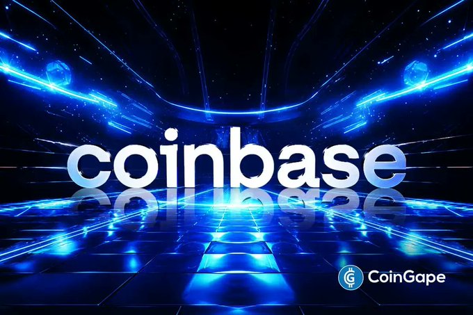 The image displays the "coinbase" logo prominently in white text against a vibrant blue, futuristic background with glowing light effects, along with a "CoinGape" watermark in the bottom right corner. This visual branding accompanies a post about Coinbase's AI feature generating a fake World Cup result involving Norway vs. Brazil, with CEO Brian Armstrong addressing the AI's error.