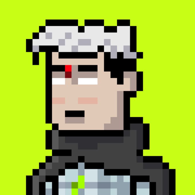 A pixel art portrait of a person with dark hair wearing a white headband or bandage, set against a bright lime-green background.