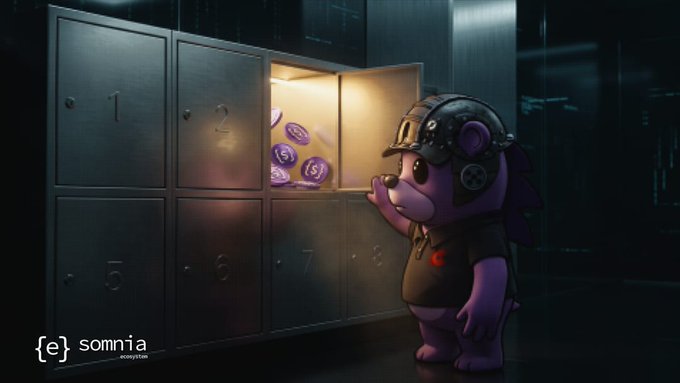 A 3D render of a purple cartoon hedgehog-like character wearing a black helmet and t-shirt with a red logo, opening a numbered locker to reveal purple coins inside, with "Somnia" branding in the corner.