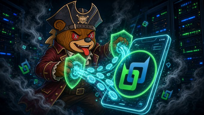 A digital illustration depicts a pirate-themed teddy bear with X eyes holding green shields and pouring crypto coins onto a smartphone, with a glowing crypto logo in a server room setting.