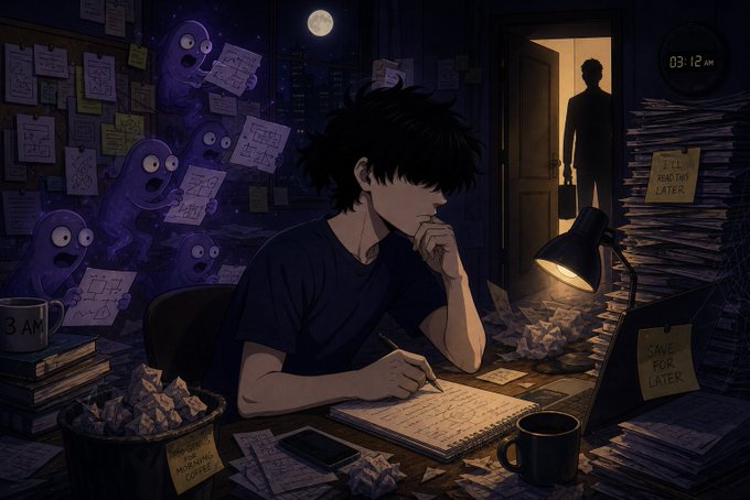 An anime-style illustration of a dark-haired young man writing in a notebook at a cluttered desk at 3:12 AM, surrounded by stacked papers, crumpled notes, and purple ghost-like creatures, with a shadowy figure visible in the doorway.
