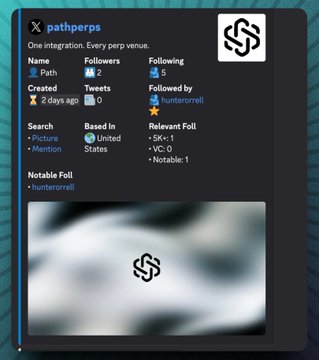 A dark-themed social media profile card displays details for "pathperps," tagged as "One integration. Every perp venue." The card lists 2 followers, 5 following, 0 tweets, and notes the project was created 2 days ago with a notable follow from "hunteronrell," alongside metrics like $3K+ in Relevant Follow and VC:0. The accompanying post highlights Path as a non-custodial perp execution layer that unifies DEX and CEX trading through a single integration.