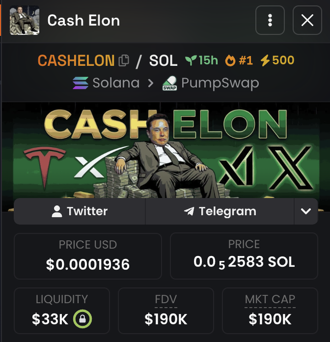 A screenshot of a crypto token page on PumpSwap showing "Cash Elon" (CASHELON/SOL), featuring an image of Elon Musk sitting on stacks of money with a green "CASHELON" banner. The token displays a price of $0.0001936 USD (0.00002583 SOL), with $33K liquidity and a $190K market cap, aligning with the promotional post encouraging users to buy $CASHELON before it hits $1 million.