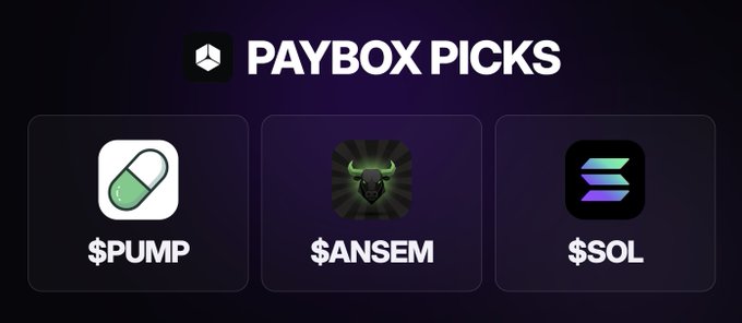 A promotional graphic titled "PAYBOX PICKS" displays three cryptocurrency tokens ($PUMP, $ANSEM, $OL) as Moonpay's featured picks for their giveaway, aligning with the post highlighting these specific tokens for their strong fundamentals and notable figures.