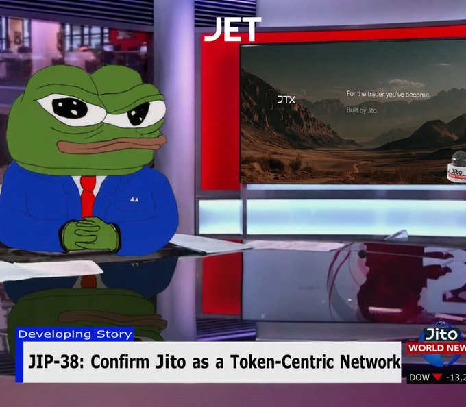 A news broadcast featuring Pepe the Frog as an anchor, with the headline 'JIP-38: Confirm Jito as a Token-Centric Network' and 'JET' network branding.