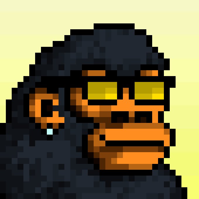 A pixel art illustration of a monkey or ape character wearing yellow-tinted sunglasses, a large gold chain, and smoking a cigar against a light yellow background.