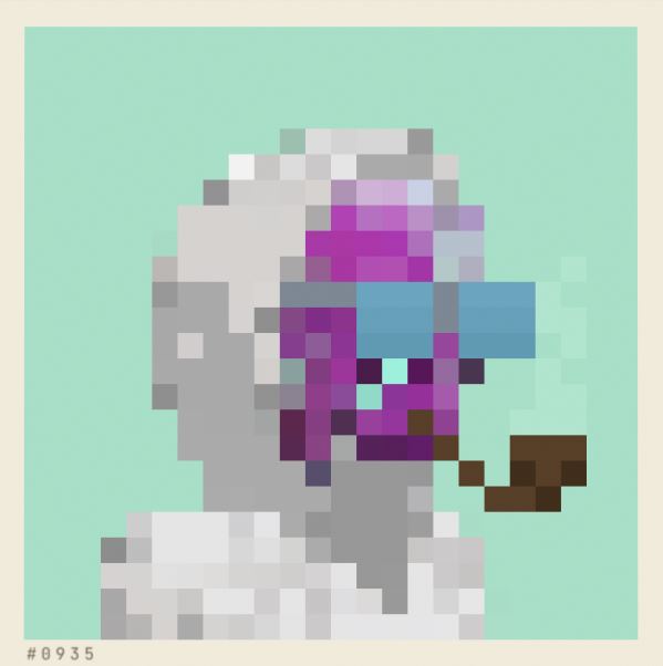 A pixelated portrait of a figure with a purple face, blue sunglasses, and white hair, labeled '#0935' on a teal background.