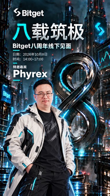 A Bitget 8th anniversary offline meetup promotional poster dated October 8, 2026, featuring guest Phyrex in a futuristic white and black jacket.