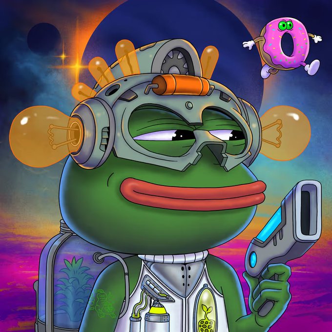 A cartoon Pepe the Frog wearing a futuristic space helmet and explorer gear holds up a laser gun against a cosmic backdrop, with a pink frosted donut character floating nearby. The spacefaring Pepe theme visually reinforces the post's "explorer going to one of the GM homies" message, depicting the frog character as a cosmic traveler embarking on a journey.