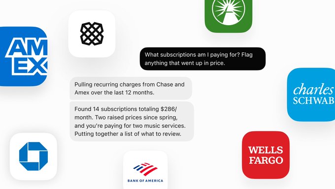An infographic showing logos of major U.S. banks (Amex, Charles Schwab, Wells Fargo, Bank of America, Chase, and others) with a sample chat conversation about identifying recurring subscription charges totaling $286/month.