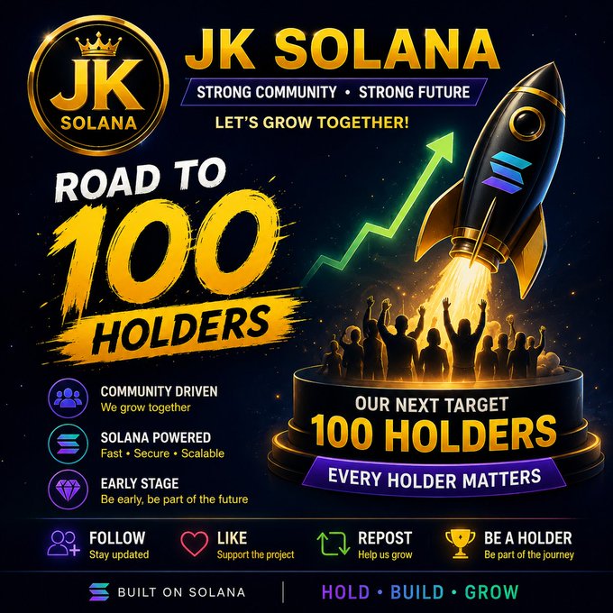 The image features a poster for JK Solana, which is an Ethereum-based cryptocurrency platform. The poster includes a rocket ship symbolizing the growth of the company's community and the number "100" representing the 100 holders who have already joined the platform. The poster also highlights the importance of every holder in contributing to the platform's growth and mentions that every share matters.