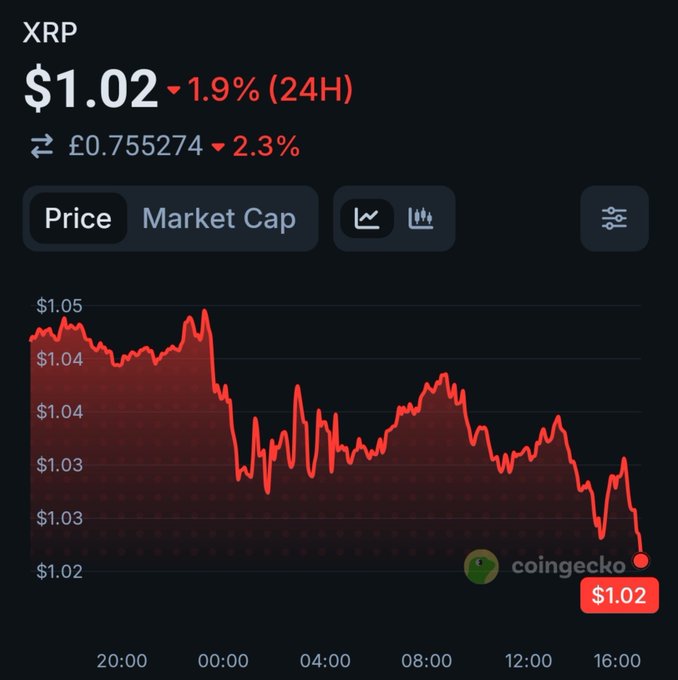 A CoinGecko price chart for XRP shows the cryptocurrency declining 1.9% over 24 hours to $1.02 (£0.755274, down 2.3%), with a downward trend throughout the day from highs near $1.05 to lows around $1.02. The chart reflects the "Will today be the day?" sentiment, suggesting traders may be anticipating a potential breakout or reversal for XRP.