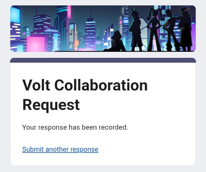 A confirmation page titled 'Volt Collaboration Request' stating 'Your response has been recorded,' with a city skyline graphic above.