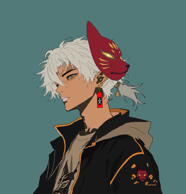 An anime-style illustration of a character with white hair, a red fox mask covering the right side of their face, and a black jacket with gold accents and a small fox emblem.
