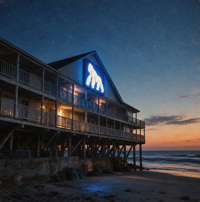 A wooden stilt building on a beach at dusk features an illuminated blue gorilla logo on its gable against a starry sky.