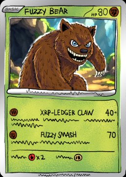 A custom trading card titled "Fuzzy Bear" featuring a smiling brown bear, with 80 HP and attacks "XRP-Ledger Claw" (40+) and "Fuzzy Smash" (70), part of the "RIPPLEMON" collection inspired by classic Pokémon cards, with each edition priced at 2 XRP.
