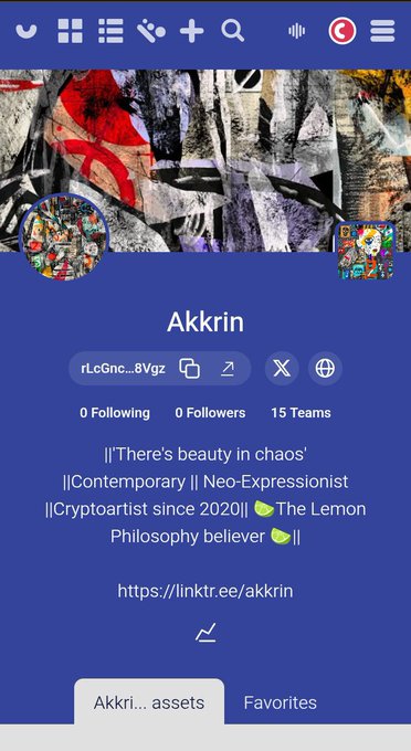 User profile page for 'Akkrin' showing 0 Following, 0 Followers, 15 Teams, with a bio describing interests in Neo-Expressionism and cryptoart since 2020, including a linktr.ee/akkrin link.