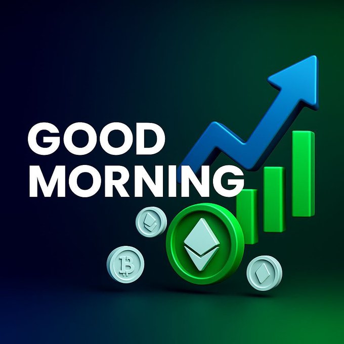 A 'GOOD MORNING' graphic featuring an upward blue arrow over green bar chart columns, accompanied by 3D Ethereum and Bitcoin coin icons.