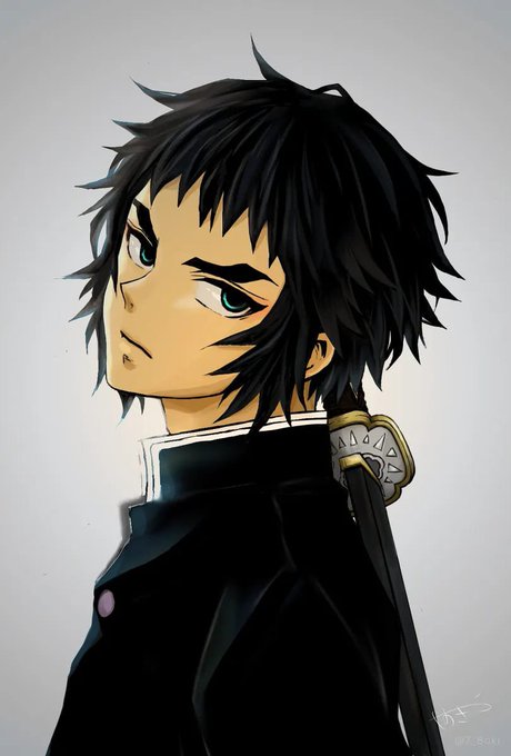 An anime-style portrait illustration of a black-haired character with green eyes wearing a black uniform, holding what appears to be a sword hilt.