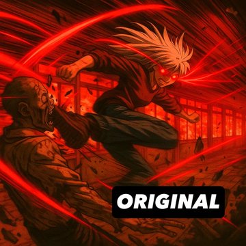 An anime-style illustration of a white-haired character with glowing red eyes attacking a zombie-like figure, with an 'ORIGINAL' label in the corner.