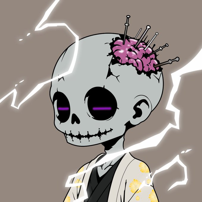 A cartoon-style illustration shows a gray zombie-like skull figure wearing a yellow floral robe, with its exposed pink brain pierced by several acupuncture needles.