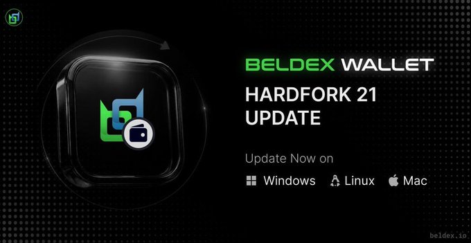 Promotional graphic for 'BELDEX WALLET HARDFORK 21 UPDATE', showing an update available for Windows, Linux, and Mac platforms.