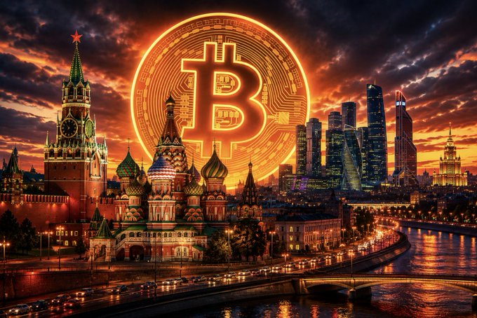 A dramatic image of a glowing Bitcoin symbol superimposed over a cityscape featuring Russian architecture (including St. Basil's Cathedral) and modern skyscrapers at sunset.
