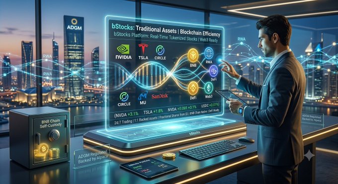 A professional in a suit interacts with a holographic "bStocks" interface displaying tokenized versions of NVIDIA (+3.1%), TSLA (-1.8%), NVDA (+0.1%), and Circle, alongside Web3 icons for DeFi, RWA, and BNB Chain, highlighting features like 24/7 trading, $5 fractional shares, and self-custody. The image visually reinforces bStocks' mission of bridging traditional U.S. equities to blockchain through real-time tokenization and DeFi integration.