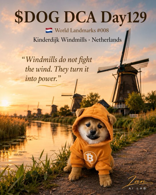 An AI-generated image featuring a puppy wearing a Bitcoin-themed orange hoodie, with Dutch windmills in the background and text reading '$DOG DCA Day129, World Landmarks #008, Kinderdijk Windmills · Netherlands,' along with a quote: 'Windmills do not fight the wind. They turn it into power.'
