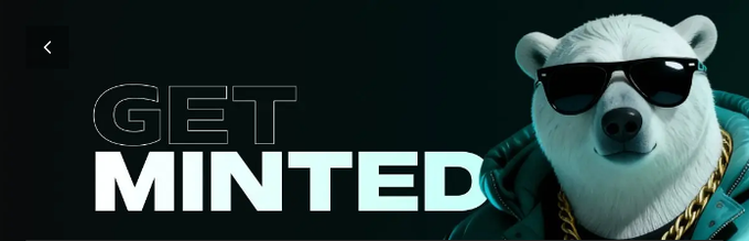 A promotional graphic featuring a white polar bear wearing black sunglasses and a gold chain, next to bold text reading 'GET MINTED' on a black backdrop.