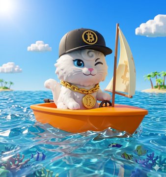 The image features a white cat wearing a black hat with a gold "B" logo, sitting inside an orange boat floating on top of blue water. The cat appears to be smiling as if enjoying its time on the boat. Below the cat's feet is a gold chain necklace, and there are several fish swimming around the boat in the background.

The post that features this image has been tagged with the hashtag #LeoCatsBitcoin, which refers to the cat character from the cryptocurrency coin "Leo". The caption of the image reads: "Many thanks to @reubs_btc for donating Leo Cats 7455 to be our new meme mascot @Stacks!".