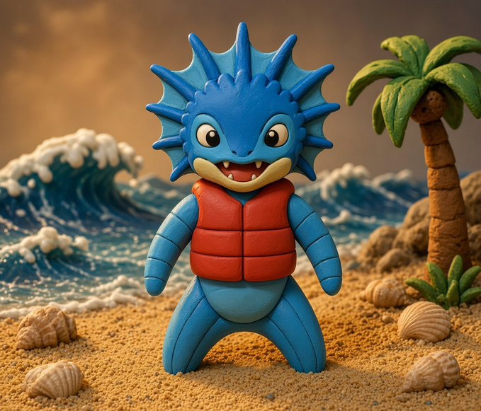 A claymation-style blue dragon-like creature wearing a red life vest stands on a sandy beach with crashing waves, a palm tree, and seashells in the background, fitting the "$SERP Paradise" theme of a fun, tropical dragon-themed setting.