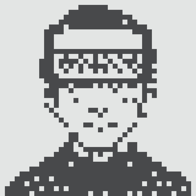 Black and white pixel art portrait of a person wearing a beanie and what appears to be a headset.
